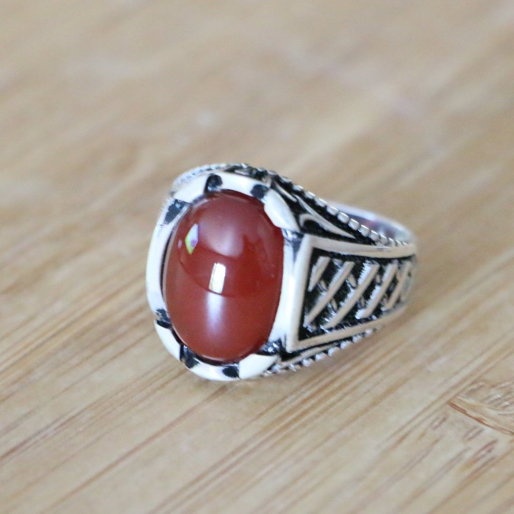 925 Sterling Silver Men's Ring Natural Red Agate - Picture 7 of 11